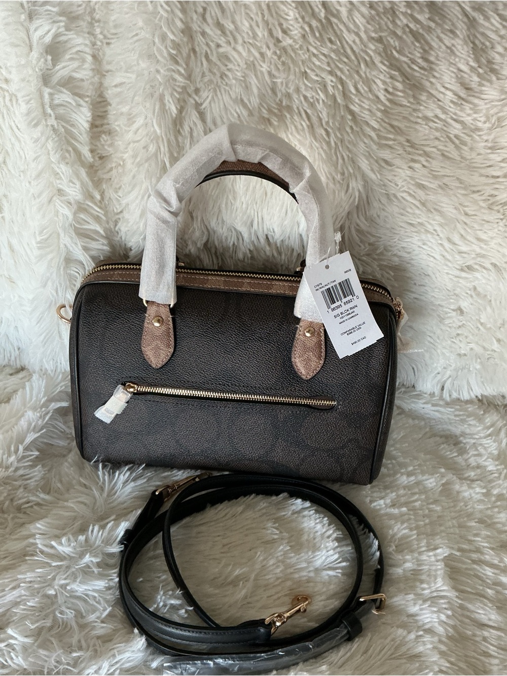 Coach Rowan Satchel in blocked signature canvas in walnut with Gold Accents - Picture 3 of 6